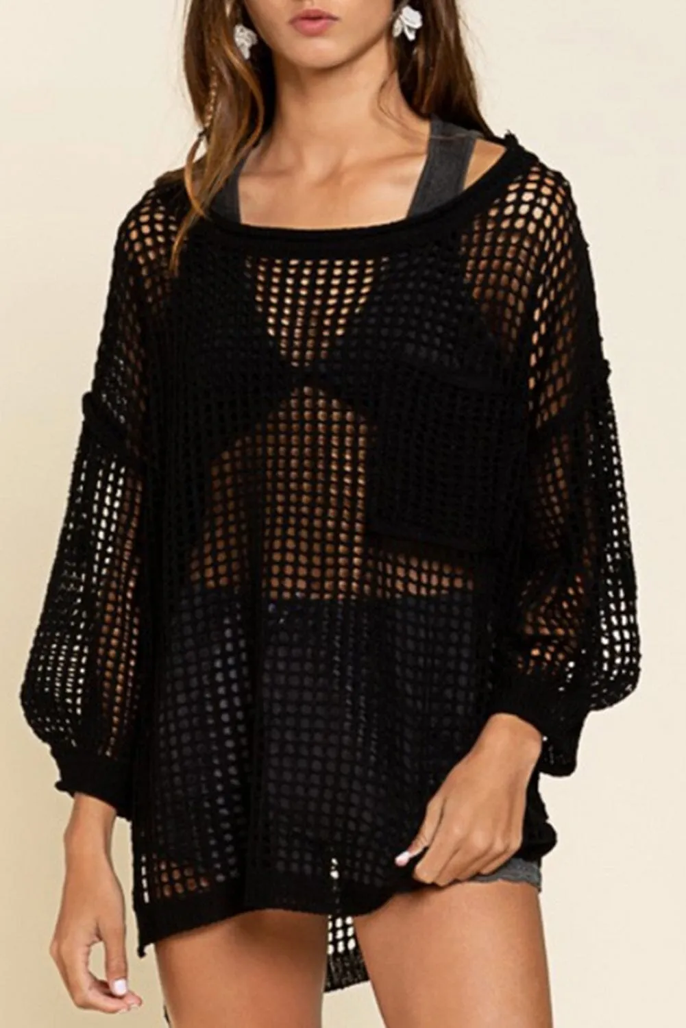 KaleaBoutique Stylish Comfortable Fishnet Hollow-out Long Sleeve Beach Cover up