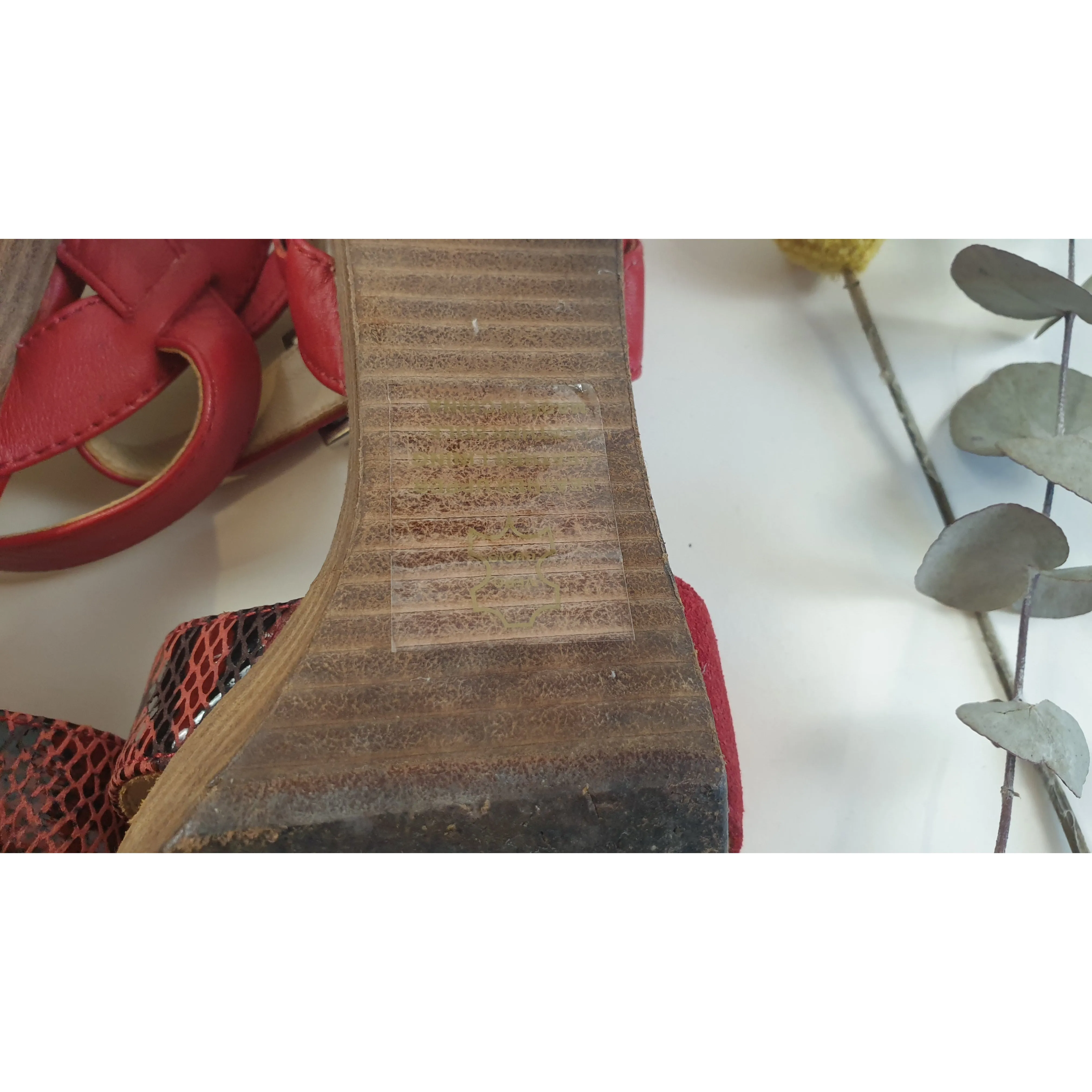 Mimco red leather strappy sandals with wooden heel size 37
