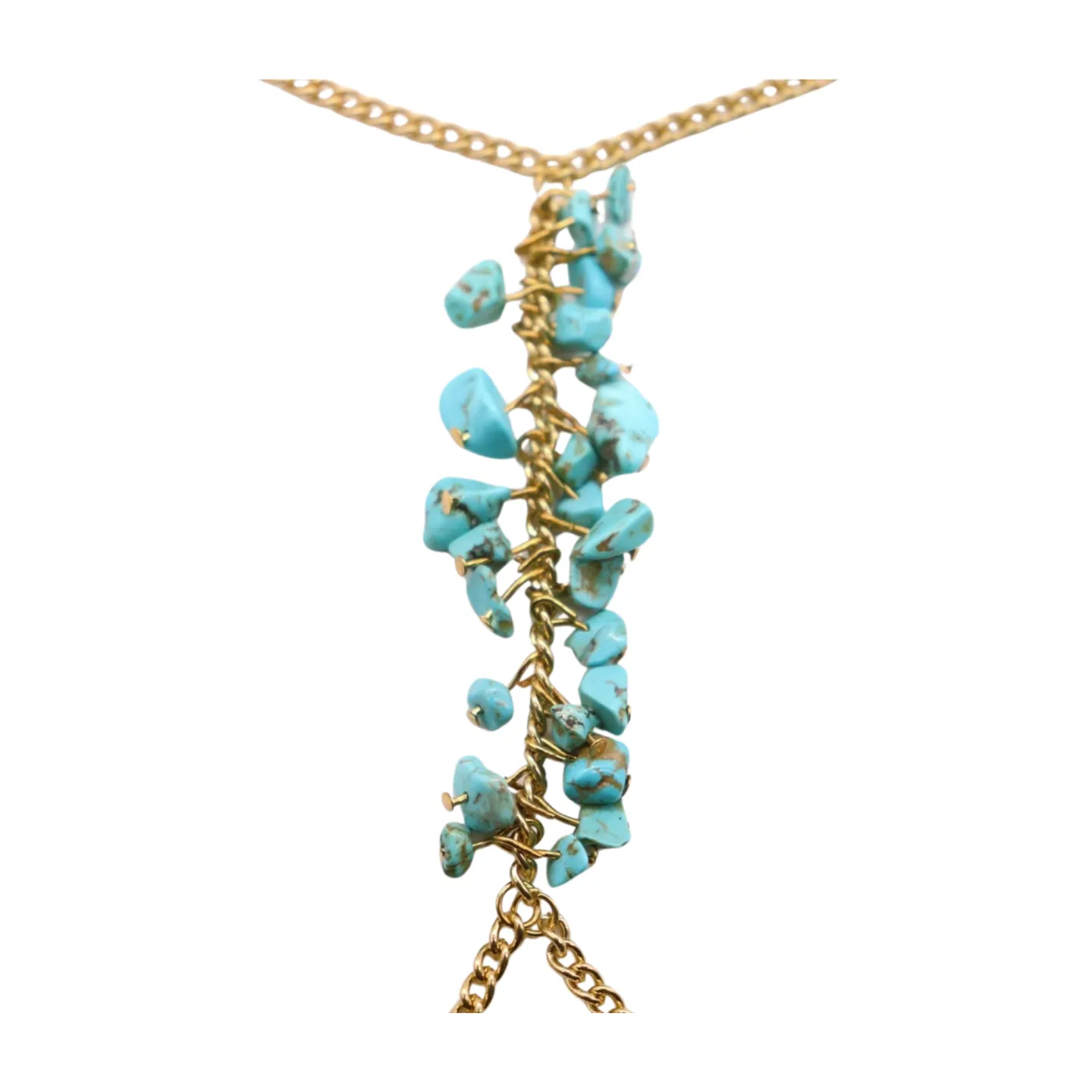 New Women Gold Metal Hand Chain Bracelet Connected Finger Ring Turquoise Blue Beads