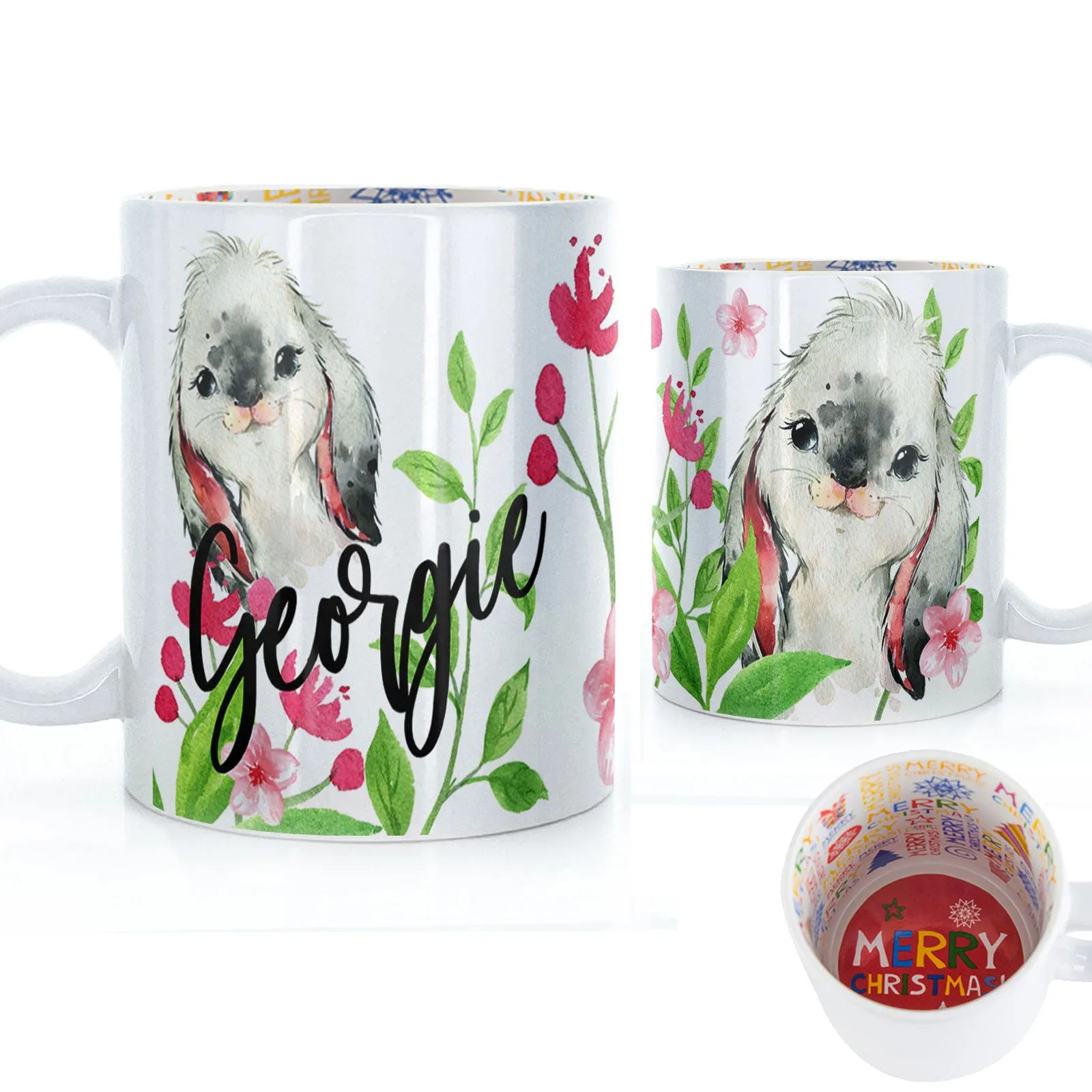 Personalised Mug with Stylish Text and Cute Rabbit & Pink Flowers