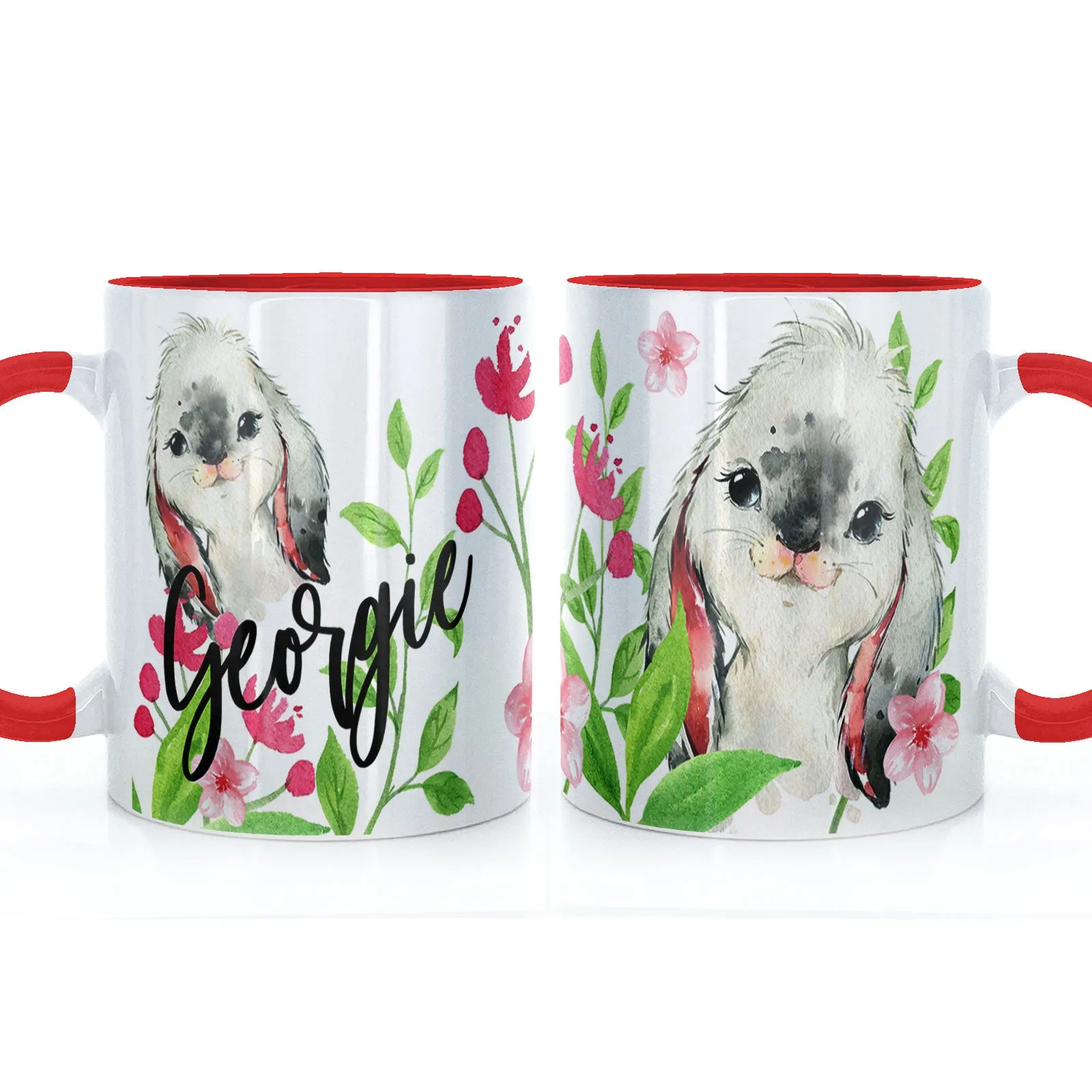 Personalised Mug with Stylish Text and Cute Rabbit & Pink Flowers