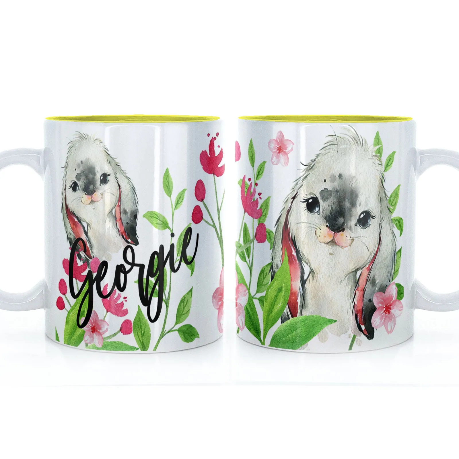 Personalised Mug with Stylish Text and Cute Rabbit & Pink Flowers