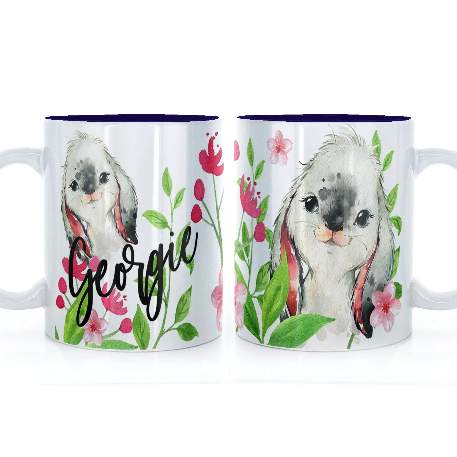 Personalised Mug with Stylish Text and Cute Rabbit & Pink Flowers