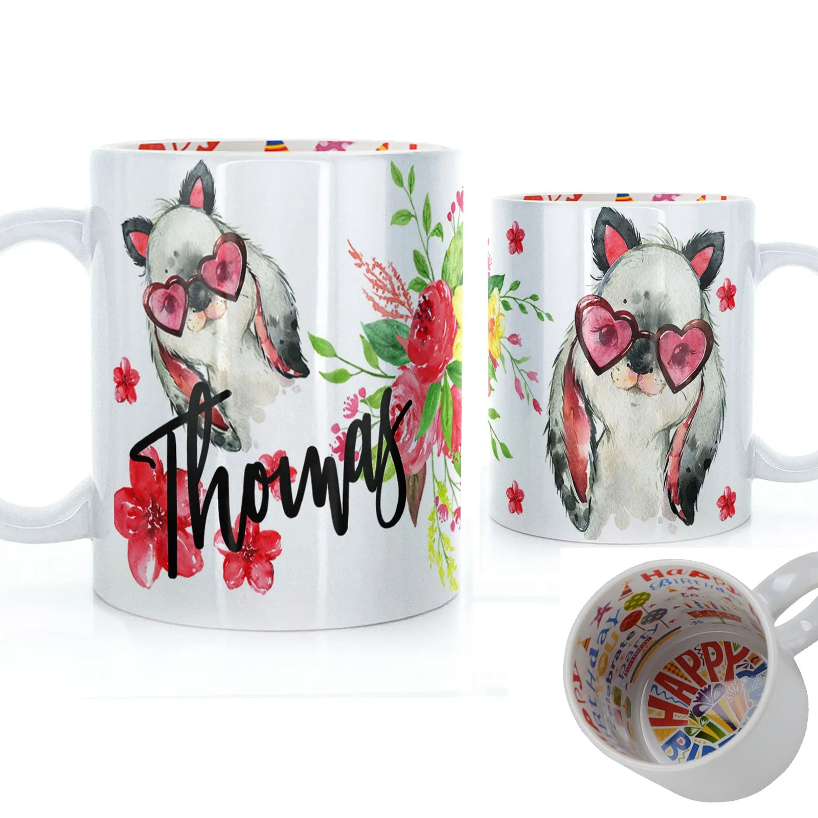 Personalised Mug with Stylish Text and Heart Glasses Rabbit & Red Flowers