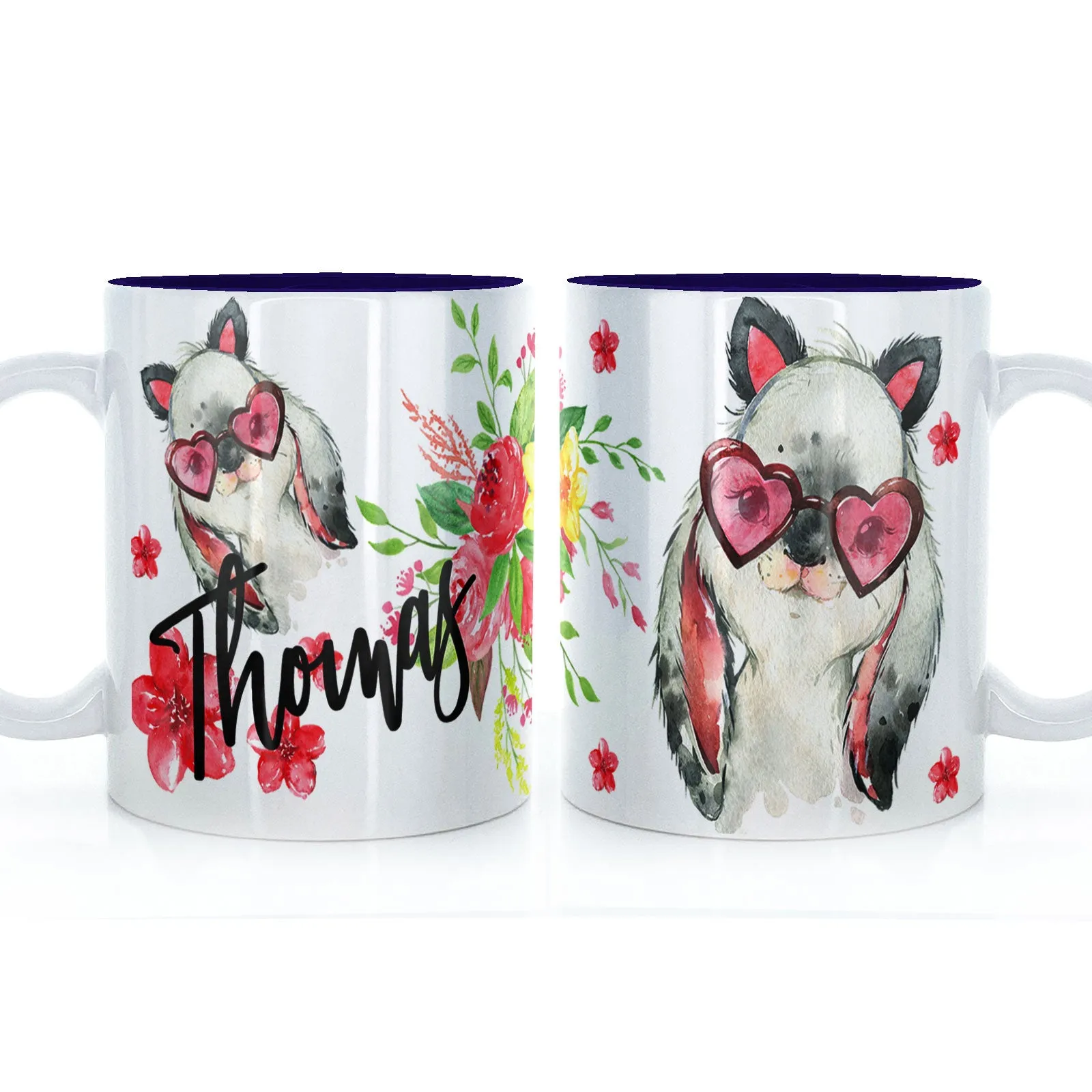 Personalised Mug with Stylish Text and Heart Glasses Rabbit & Red Flowers