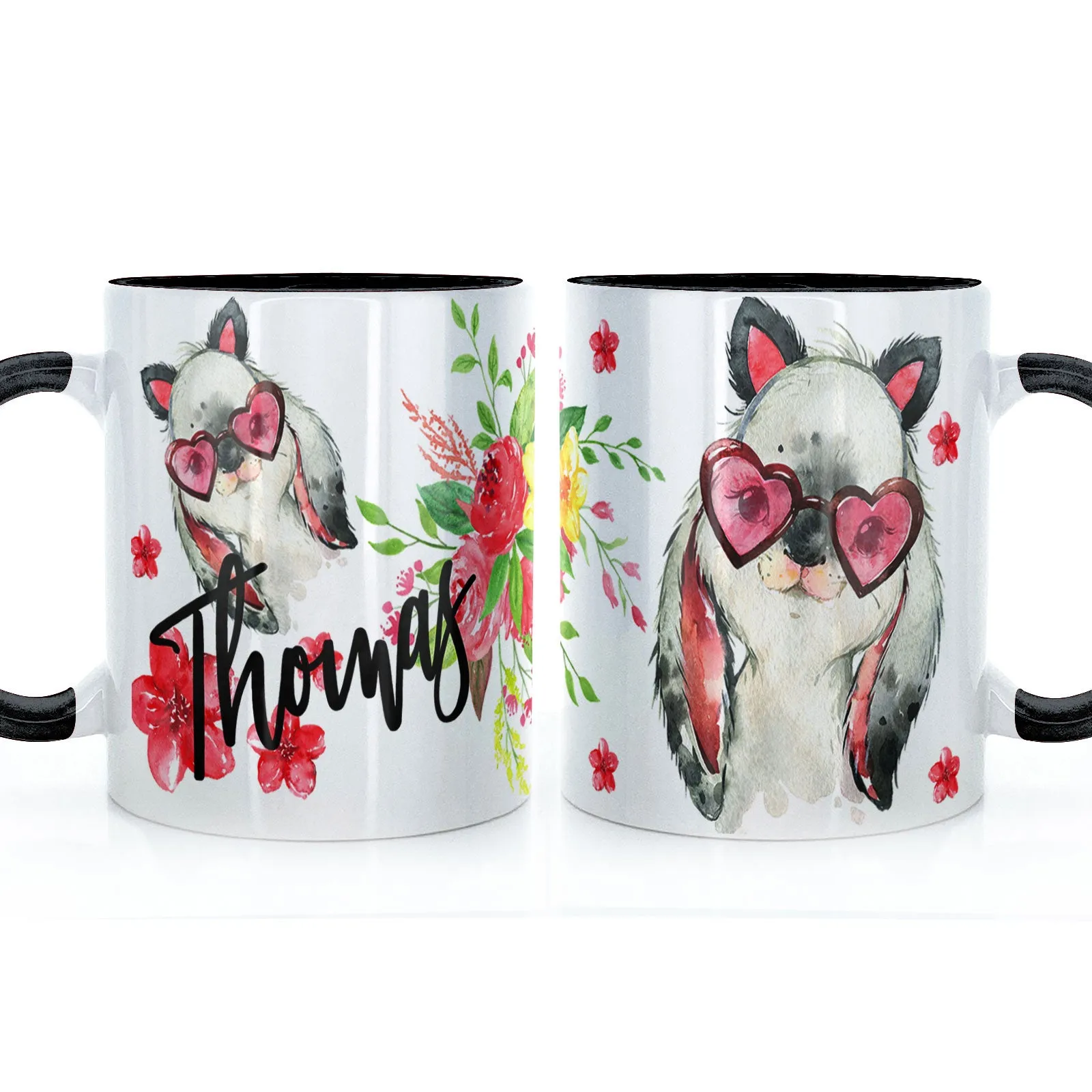 Personalised Mug with Stylish Text and Heart Glasses Rabbit & Red Flowers